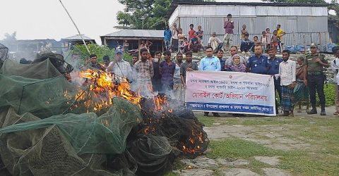 কাউনিয়ায় চায়না দুয়ারীর ফাঁদে সংকটে দেশীয় মাছ, দেড় লাখ টাকার জাল জব্দ